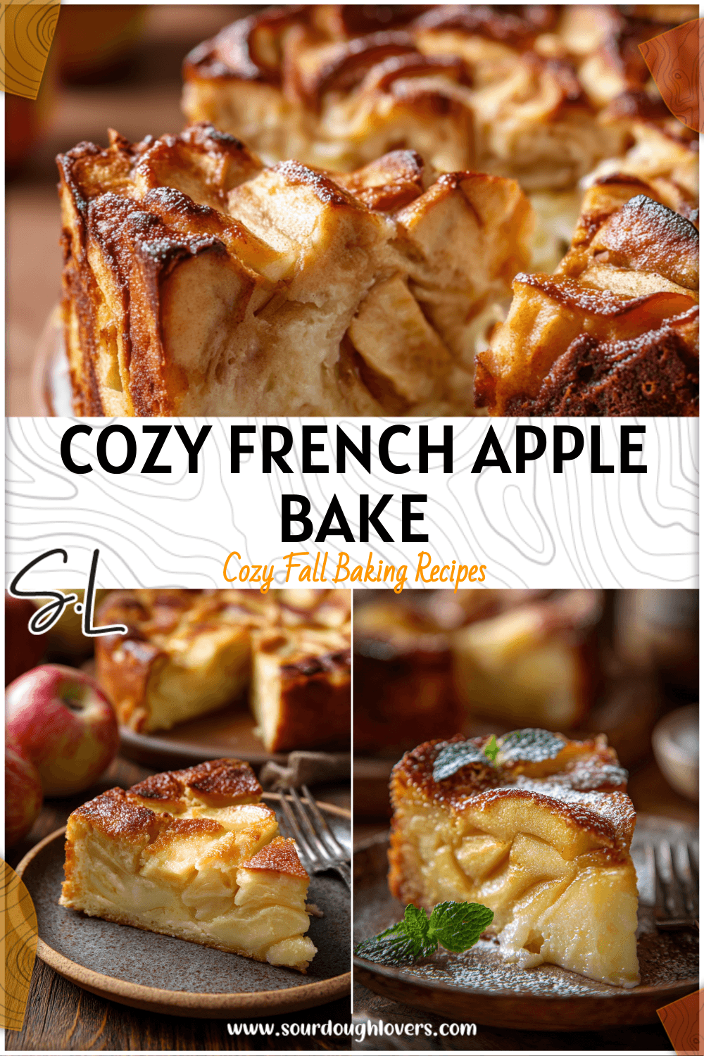 Slice of French Apple Custard Cake served on a rustic plate showing its soft custard and baked apple layers.